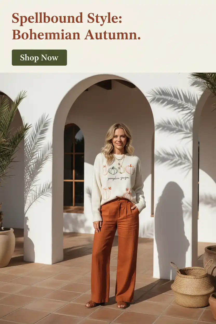 A woman wearing a cream-colored sweater with a pumpkin design and rust-colored wide-leg pants.