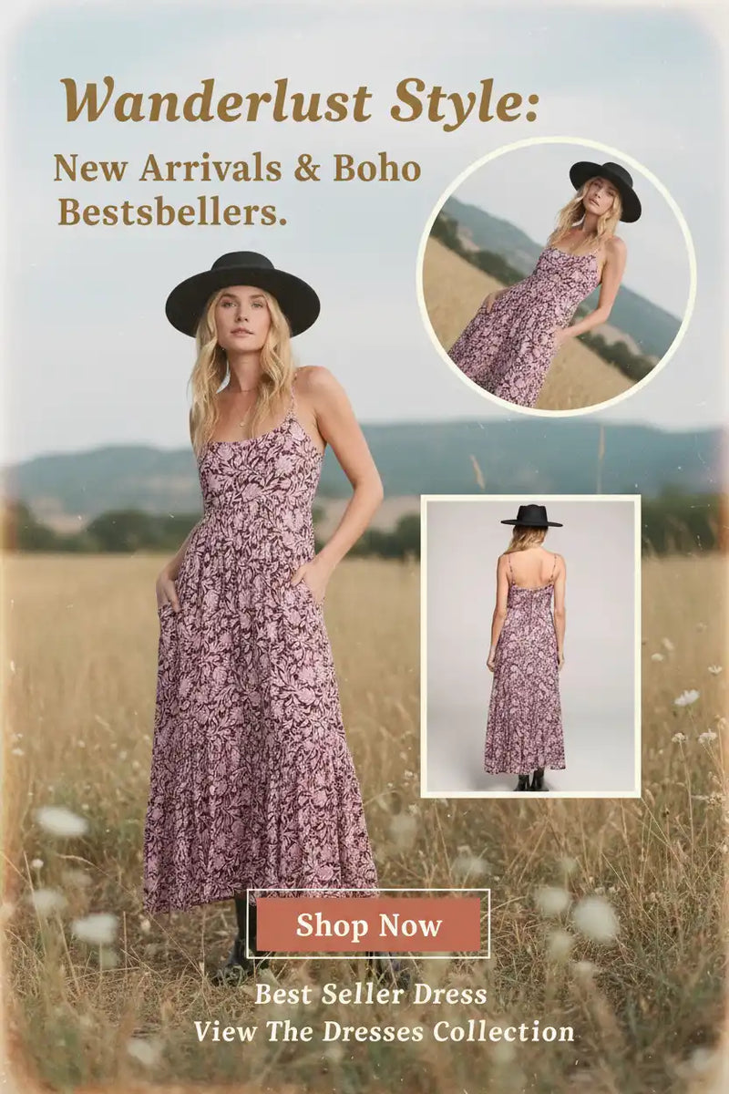 A woman modeling a pink patterned maxi dress with a black wide-brimmed hat.