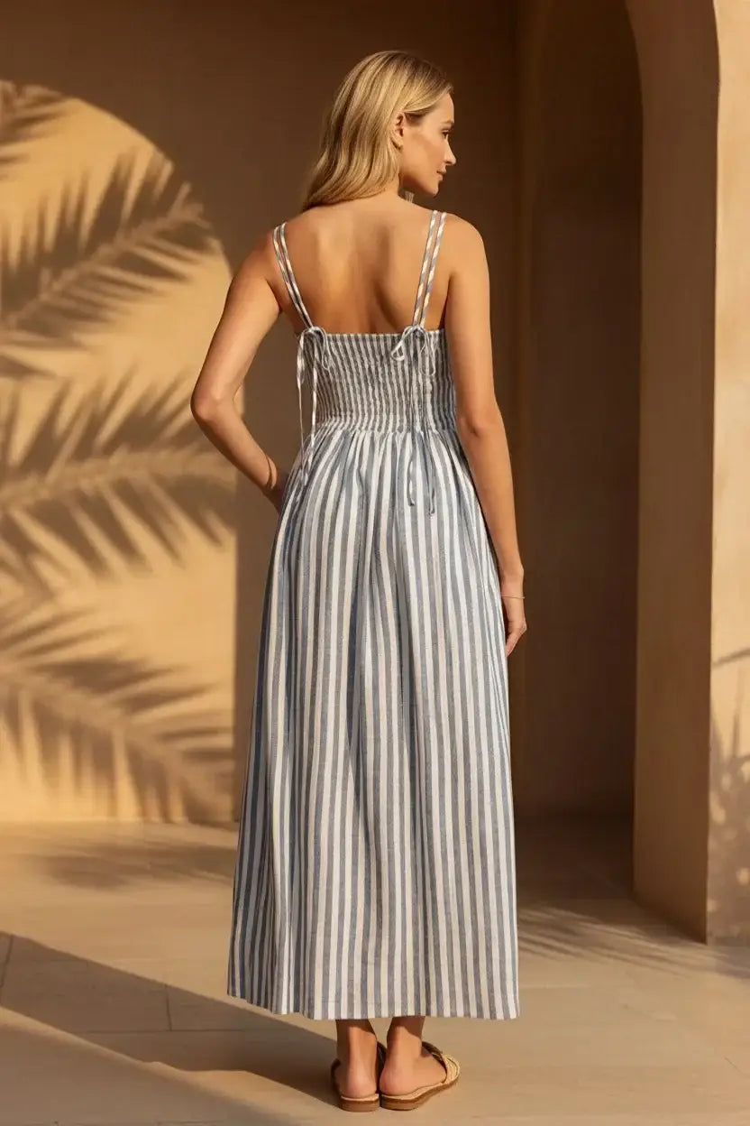 Back view of Nadine striped maxi dress in linen-rayon blend