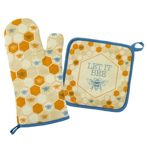 Pot holder and oven mitt set that features a bee and honey comb print and the sentiment, "Let it be."