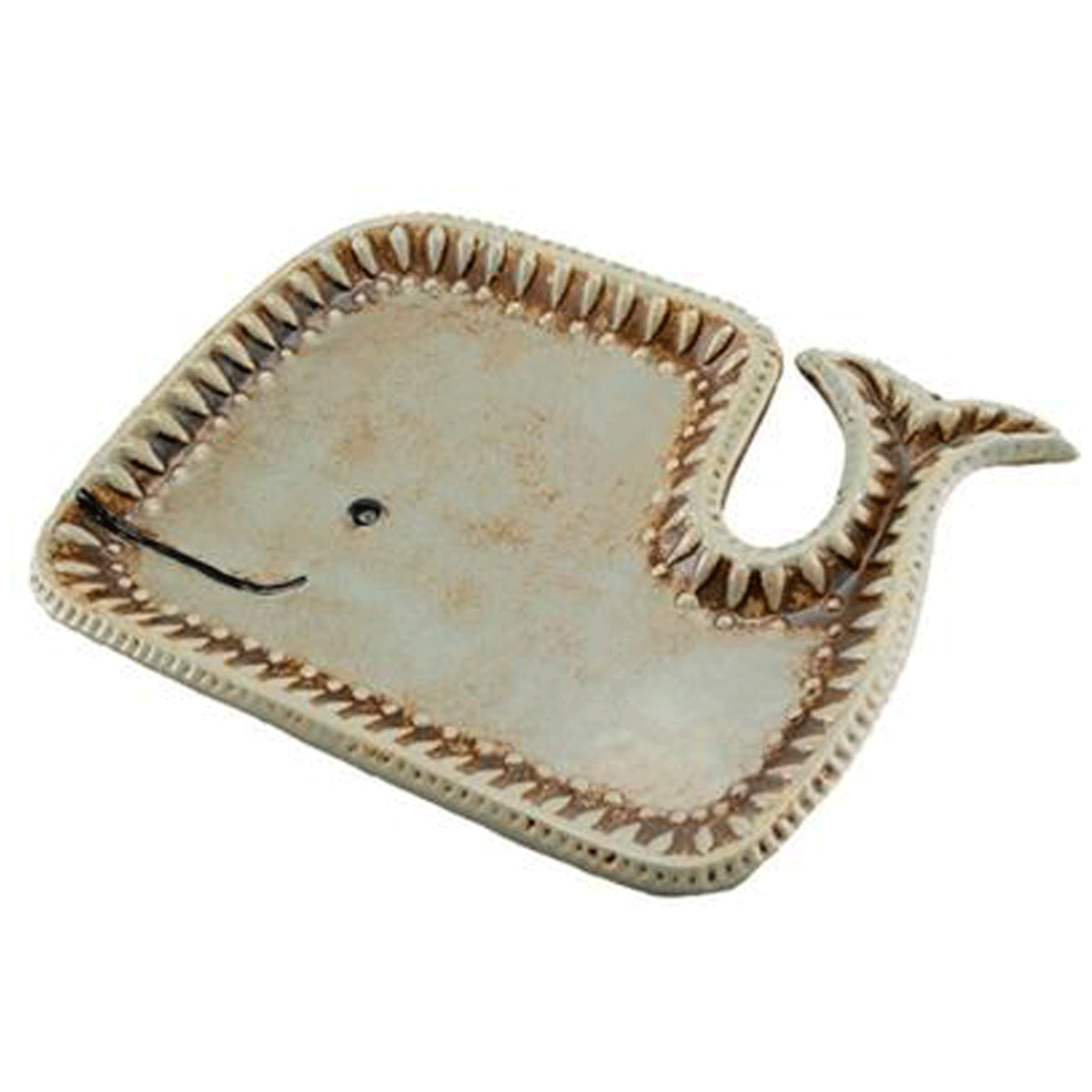 Decorative tray shaped like a whale featuring carved designs on the edges