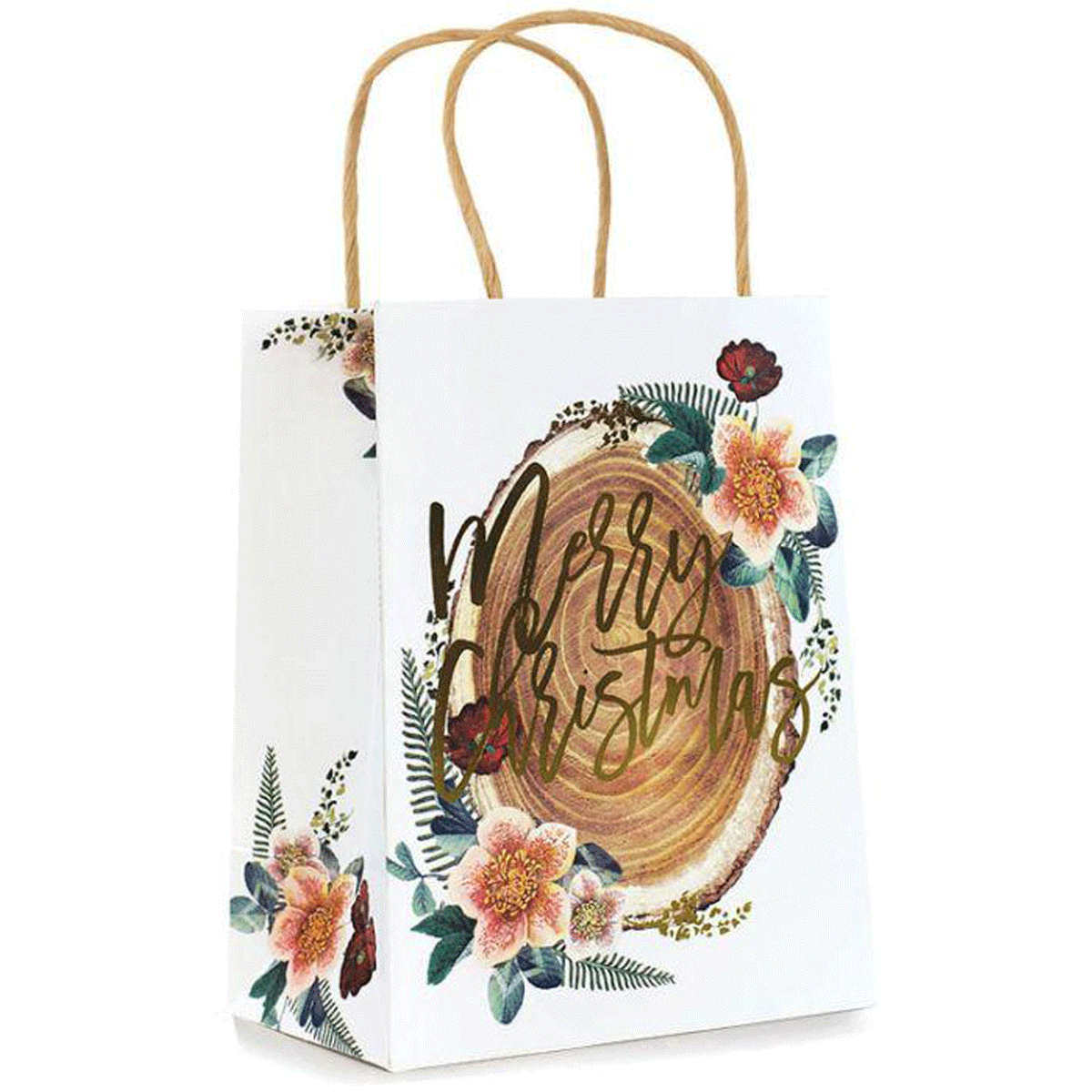 White gift bag with "Merry Christmas," sentiment surrounding wood and holiday flowers. 